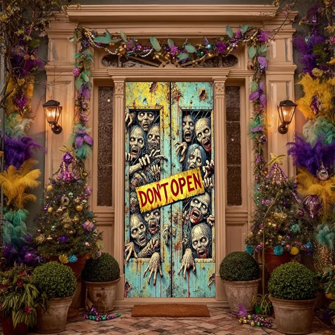 2D flat Zombie Don't Open Halloween Door Decorations Scary Door Banner Indoor Outdoor Horror Door Cover for Haunted House 71x35 Inch