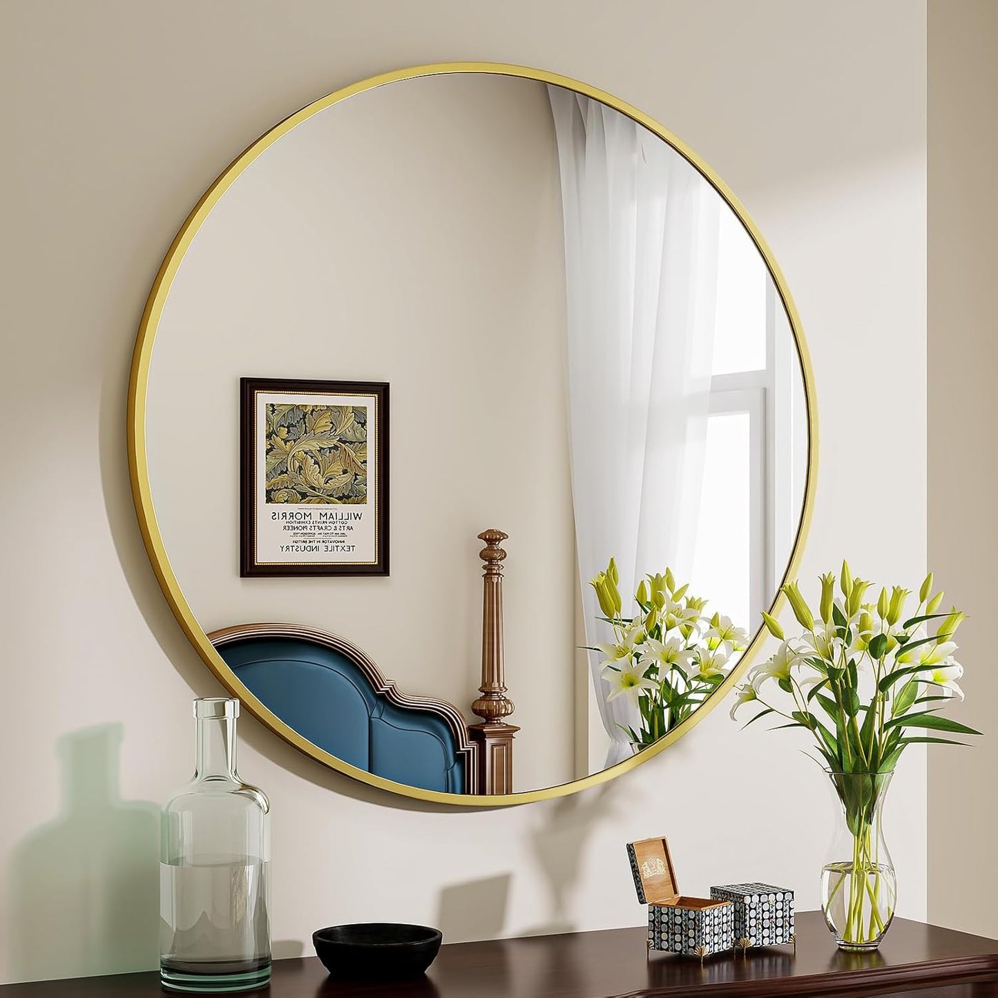 BEAUTYPEAK 40 Inch Round Mirror, Metal Frame Circle Mirror, Wall Mounted for Entryway, Bathroom, Vanity, Living Room, Gold