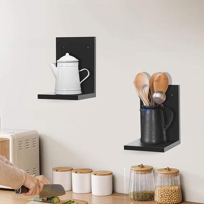 Small Wall Shelf,L-Shaped Small Floating Shelves for Plants Speaker Table Lamp Display,Wooden Ledges Indoor Modern Midcentury Decorative for Gallery Living Room Bedroom Porch,Pine,2 Pack(Black)