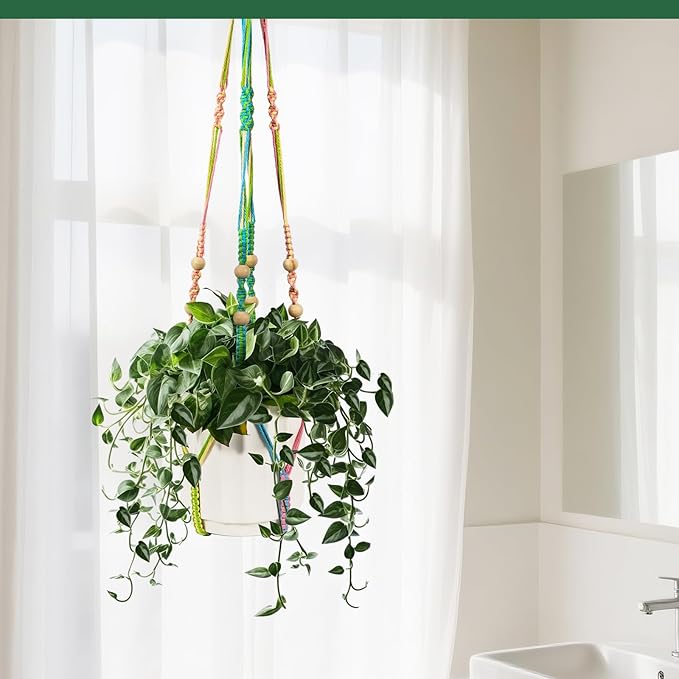 Macrame Plant Hanger, Hanging Planter Basket with Wood Beads, Decorative Boho Flower Pot Holder for Indoor and Outdoor, Rainbow, 35 Inch Set of 2 (POTS NOT Included)