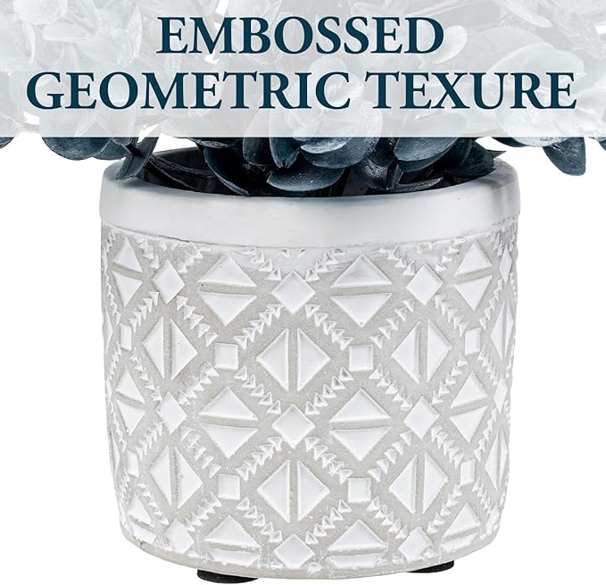 MyGift Artificial Eucalyptus Plant in Modern Gray Concrete Pots with Geometric Embossed Pattern (1, Blue)