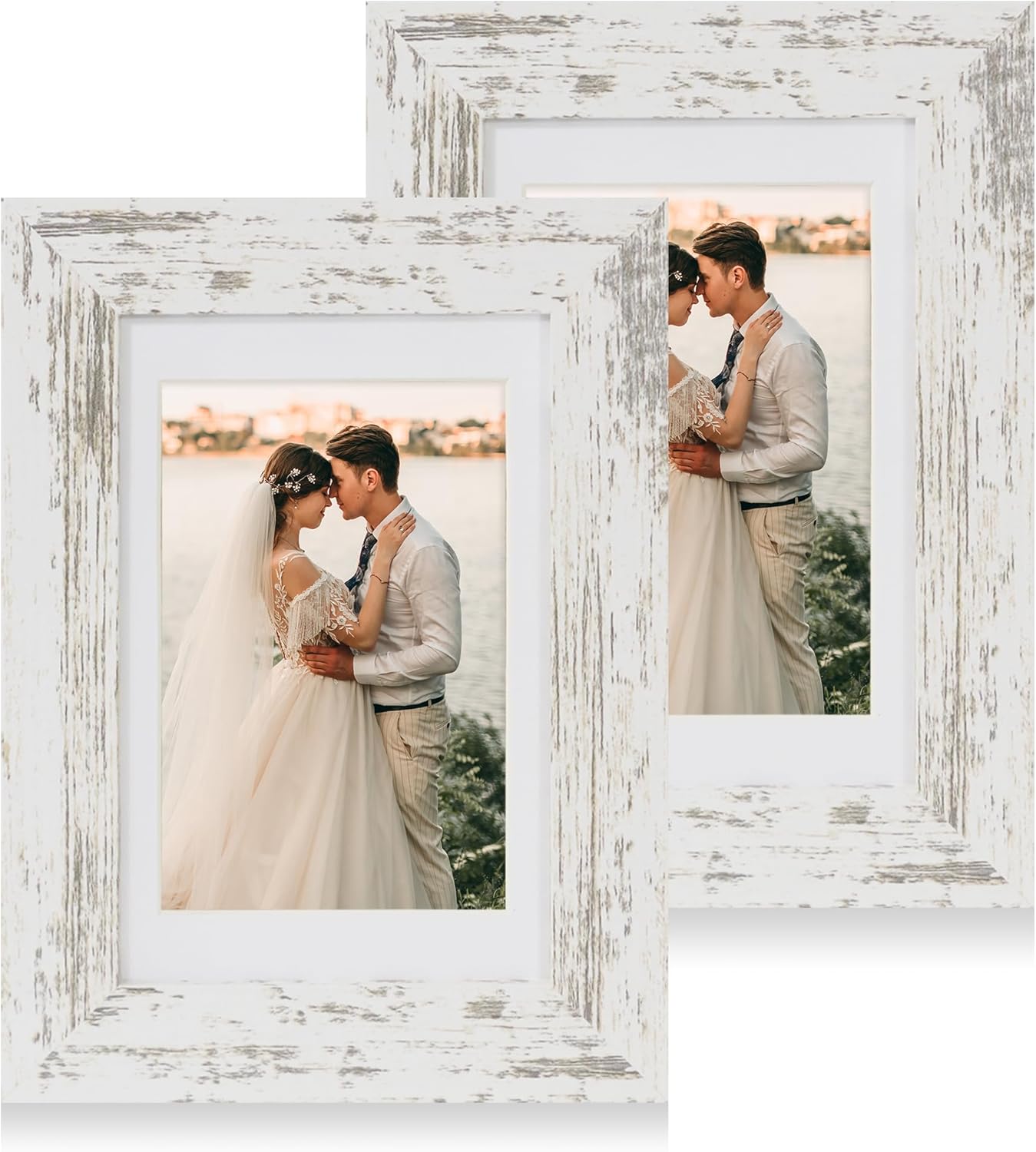 iRahmen 4x6 Picture Frame Set of 2 with HD Glass, Distressed White Wood Photo Frames Display 3.5x5 Picture with Mat or 4 x 6 Without Mat for Horizontal or Vertical Tabletop and Wall Mounting