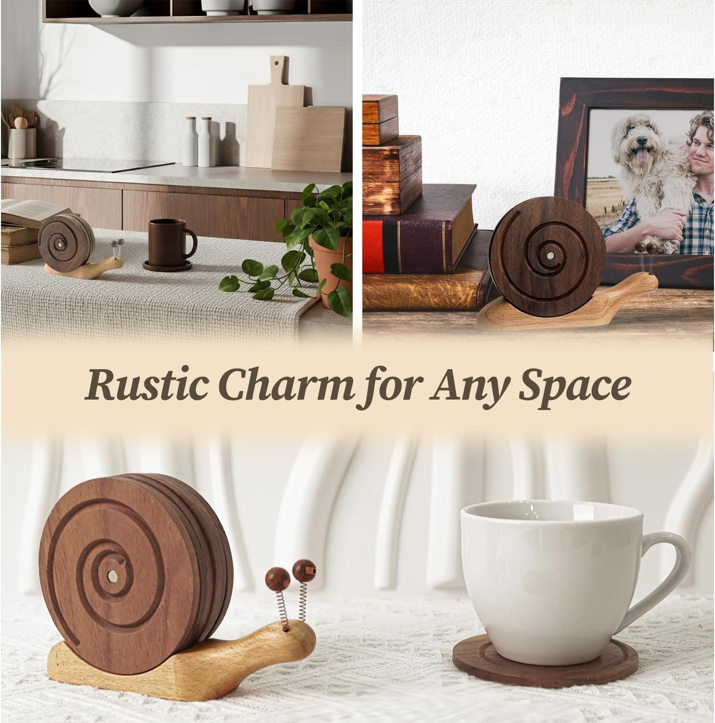 Creative Handcrafted Snail Coaster Holder for Drinks, Premium Walnut Wood Coasters Set of 6 - Unique Nature Inspired Decor for Coffee Table, Fun Housewarming Gifts & Tabletop Organizer.
