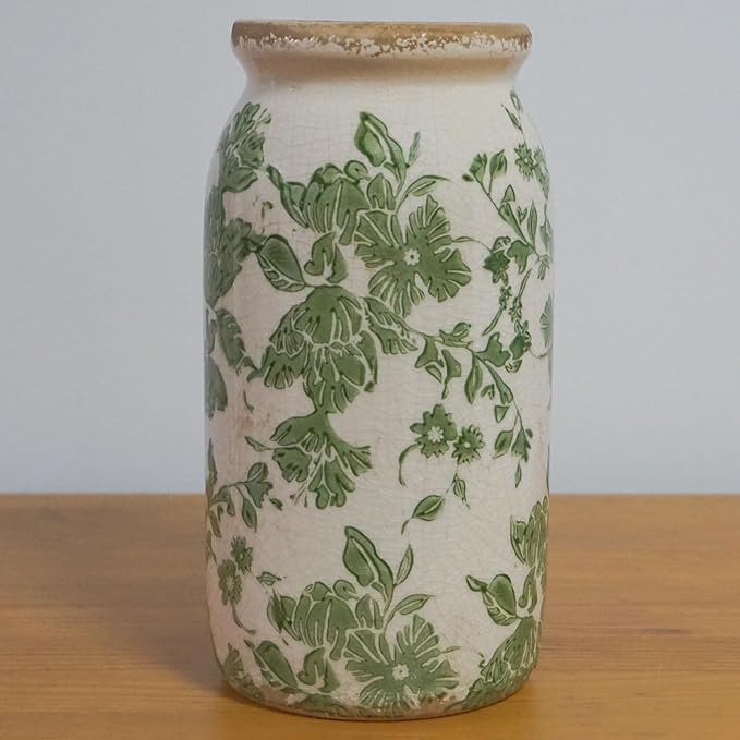 Vintage Green Floral Ceramic Vase, 8 Inch Crackle Glaze Rustic Handmade Vase, Decorative Pottery for Fresh or Dried Flowers, Farmhouse Cottage Modern Rustic Decor