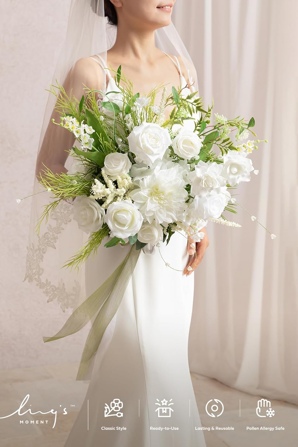 Ling's moment White Wedding Bouquets for Bride, Lily of The Valley Bridal Bouquets for Bride, 15 Inch Free Form Artificial Wedding Flower Bouquet