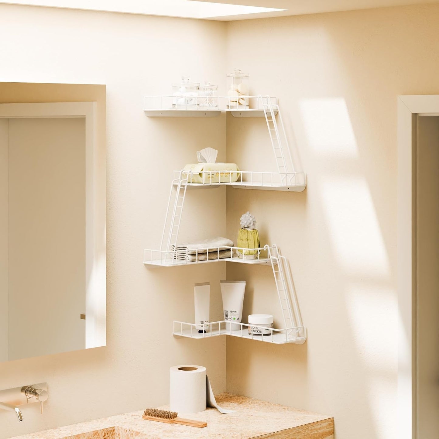 Fire Escape Wall Shelf - Modern City Style 4-Tier Corner Wall Shelves, Easy to Install Metal Ladder Shelf for Figures, New York Decorative Shelves for Bathroom, Living Room & Home Decor,White