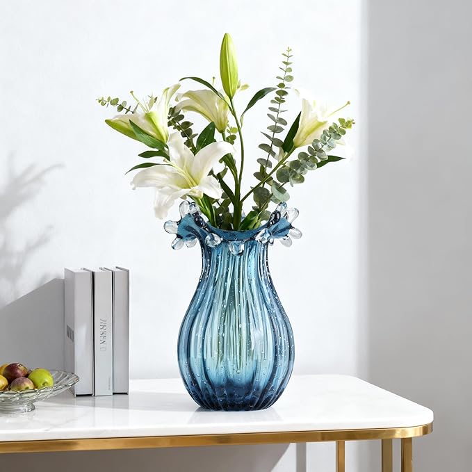 Hand-Blown Glass vase, Unique Blue Glass vase, Modern Art Decor, Suitable for Living Room Coffee Tables, Wedding centerpieces, Dining Tables, and Office Centerpiece Floral Arrangements