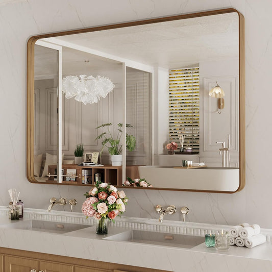 LOAAO 55X30 Inch Bathroom Mirror with Wood Grain Colored Metal Frame, Rounded Rectangle Metal Framed Bathroom Mirror, Anti-Rust, Hangs Horizontally or Vertically, Tempered Glass