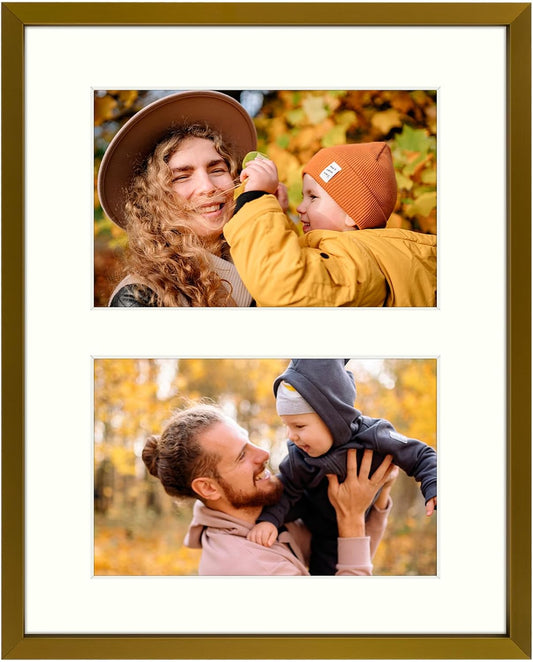 Frametory - 8x10 Aluminum Collage Picture Frame - Display 4x6 Pictures with 2 Openings Mat - Real Glass Front - with Easel Stand for Horizontal/Vertical Wall Mount - Bronze 1 Pack