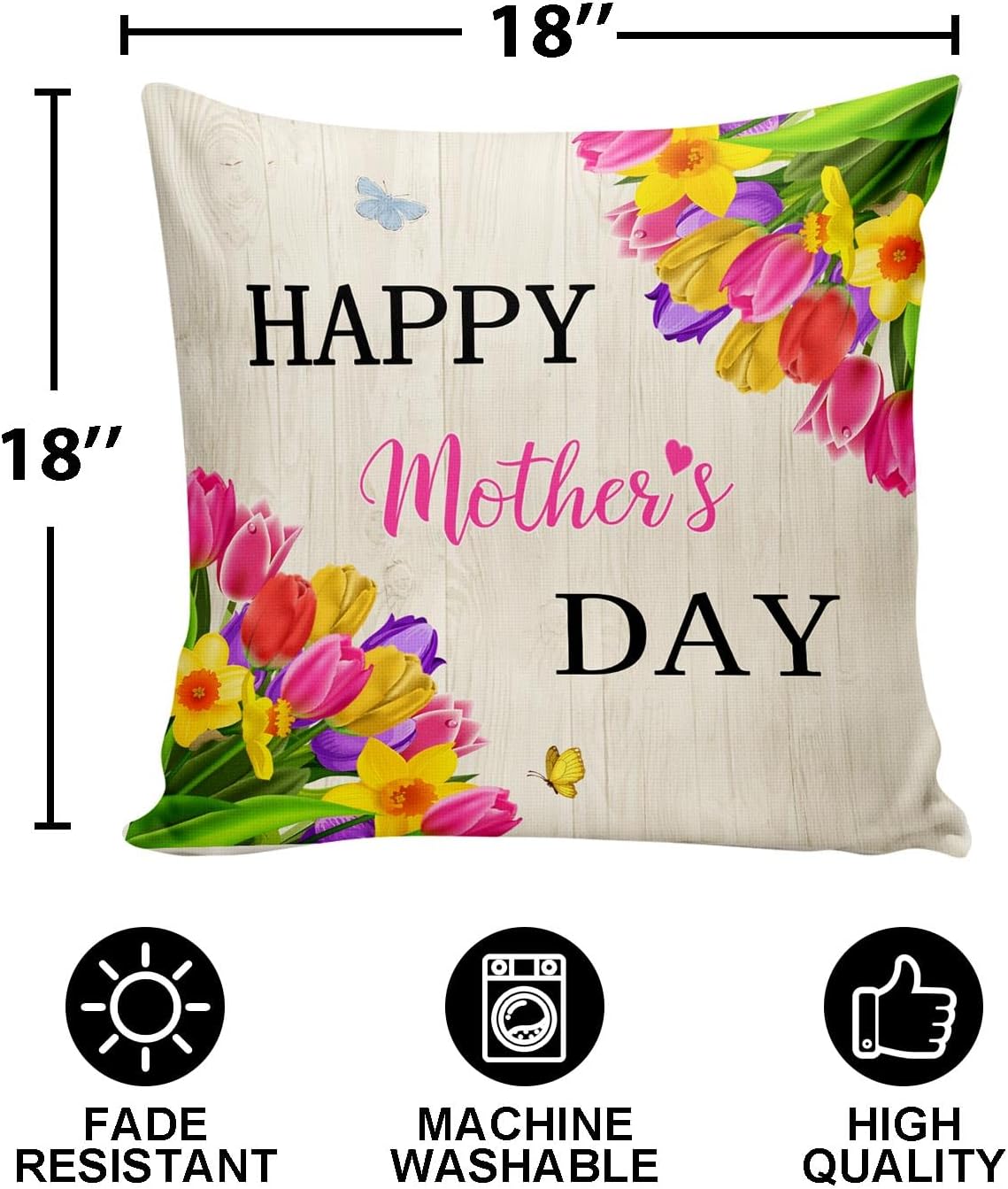 Happy Mother's Day Throw Pillow Cover，Tulip Flowers Love Mom Pillow Covers Farmhouse Decorative Cushion Case Sofa Pillow Case 18x18 Inch
