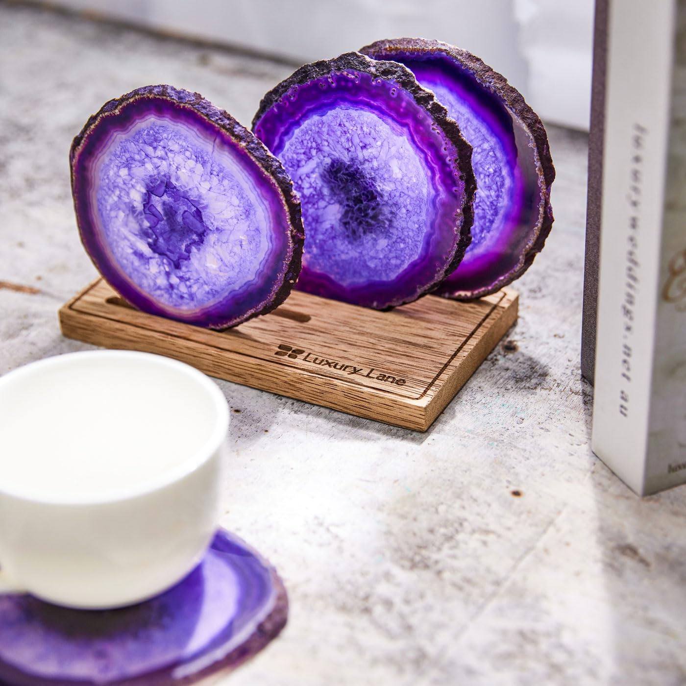 Luxury Lane Set of 4 Large Natural Brazilian Agate Slice Geode Rock Stone Drink Coasters with Wood Holder 4.3-4.7 inch Centerpiece Table Decoration, Amthyst Purple