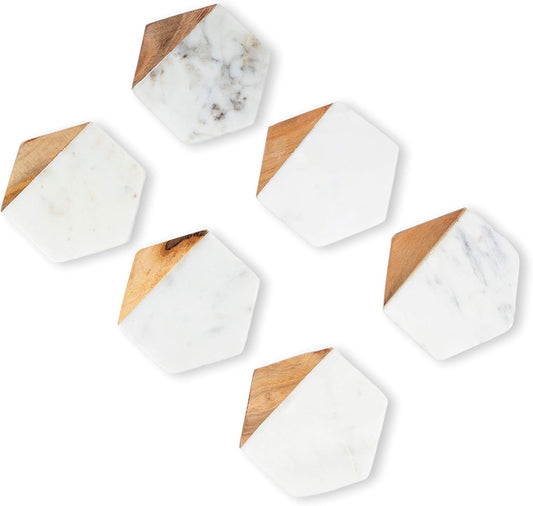 GoCraft Marble & Wood Coasters | Handcrafted Geometric White Marble Coasters with Mango Wood for Drinks, Beverages & Wine/Bar Glasses (Set of 6)