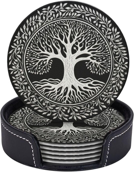 Drink Coasters with Holder Stand Set of 6, Tree of Life Stamp Pu Leather Absorbent Coasters with Cork Base Table Coaster Round for Housewarming Apartment Kitchen Bar Decor