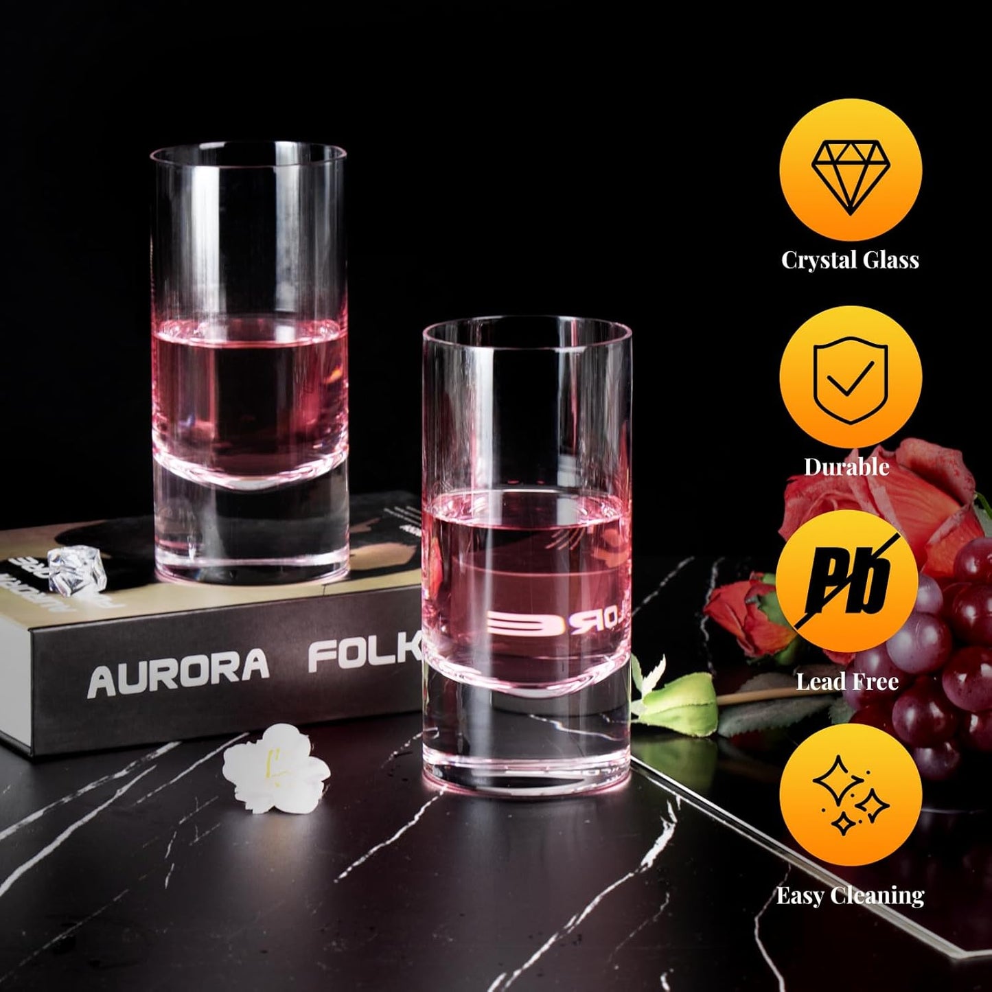 KAMMAK Drinking Glasses 12oz Crystal Water Glasses Set of 2, Tall Glass Cups, Highball Drink Glass for Cocktail, Juice, Mojito, Iced Tea, Kitchen and Bar Glassware Gifts, Collins Glasses