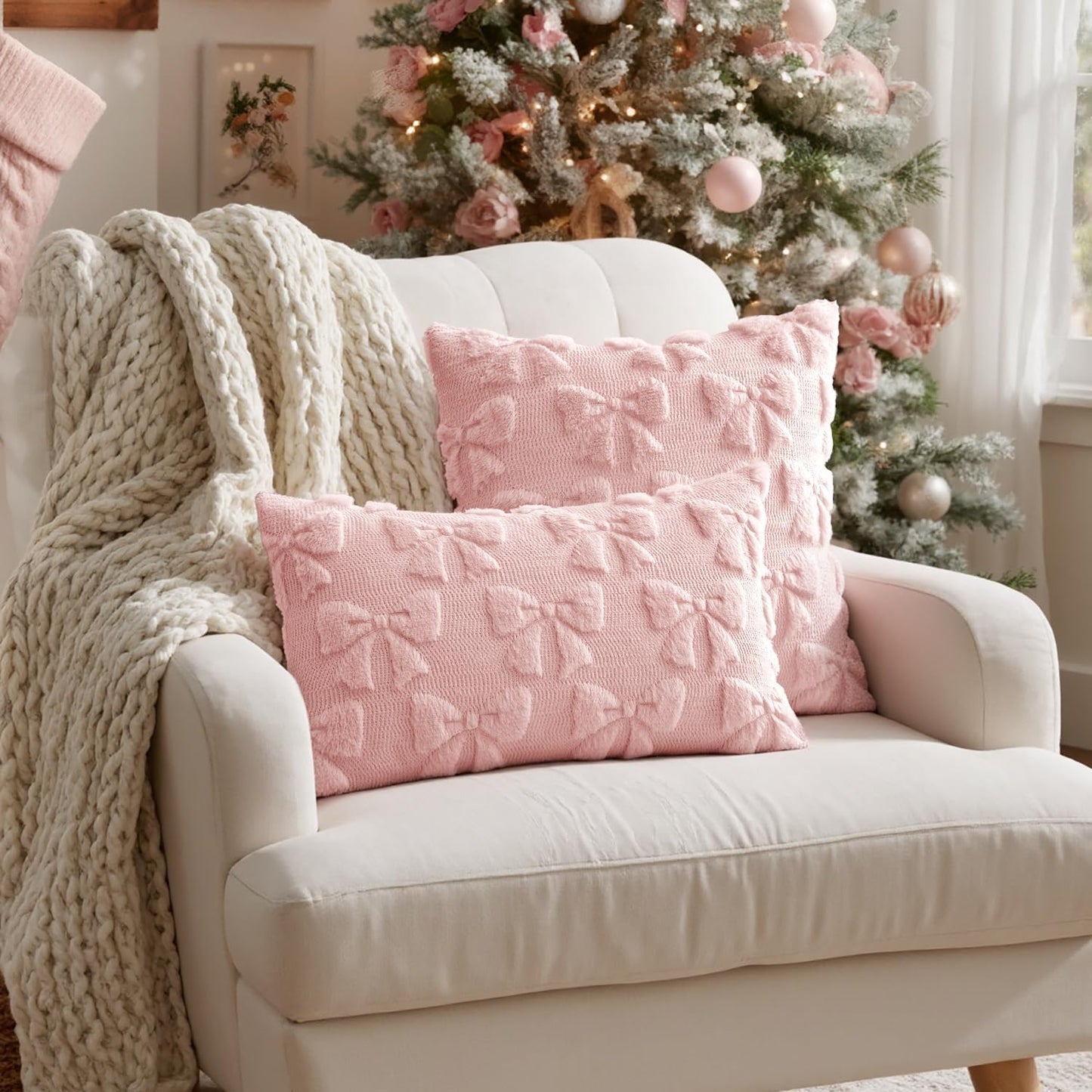 MIULEE Light Pink Bow Pillow Covers Coquette Room Decor Aesthetic Set of 2 Decorative Cute Girl Christmas Throw Pillow Soft Plush Faux Pillowcase for Girl Bed Couch Sofa,12x20 Inch