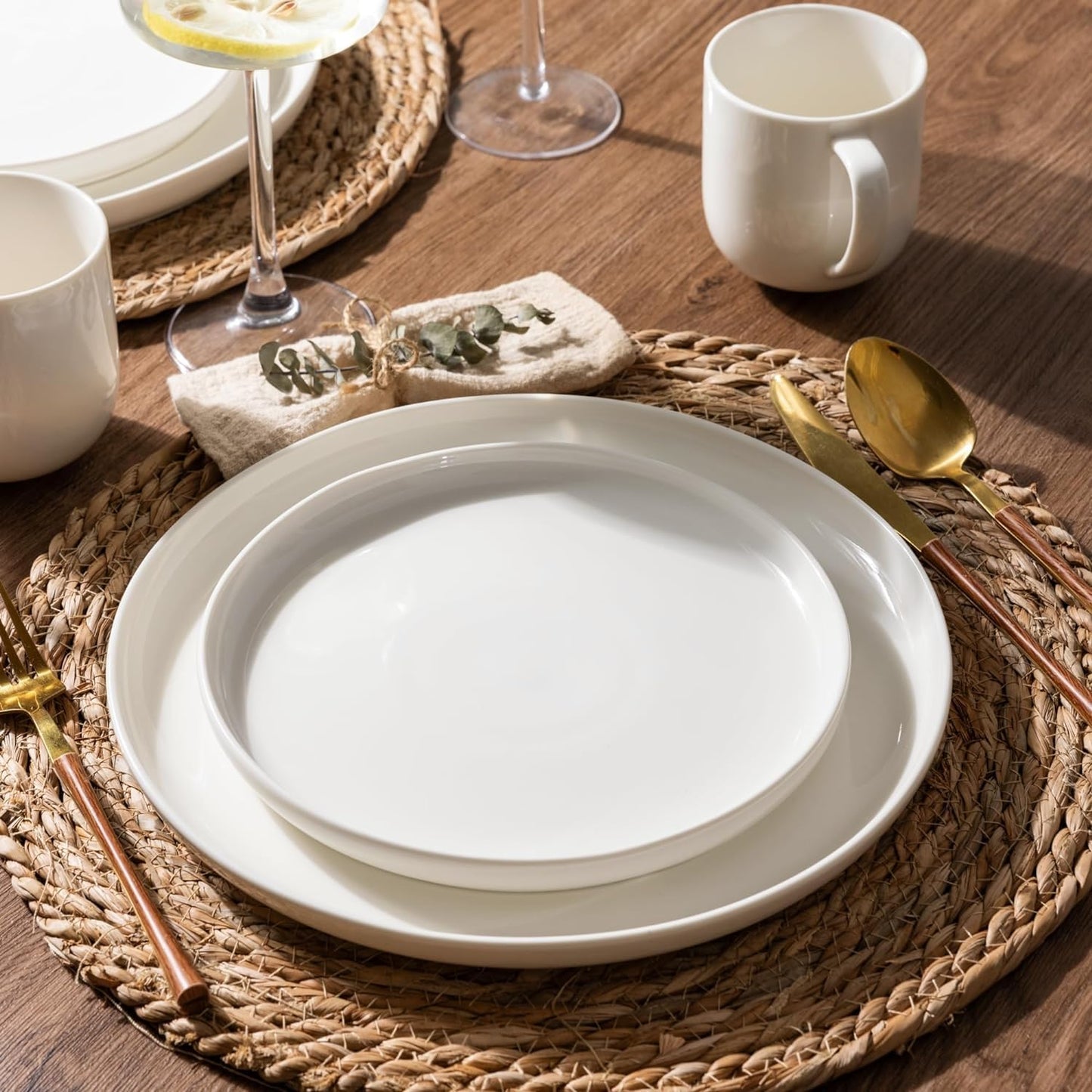 LERATIO Ceramic Dinnerware Sets for 8,Handcraft Wavy Rim Stoneware Plates and Bowls Sets,Highly Chip and Crack Resistant | Dishwasher & Microwave & Oven Safe Dishes set,Service for 8(24pc)-Pearl White