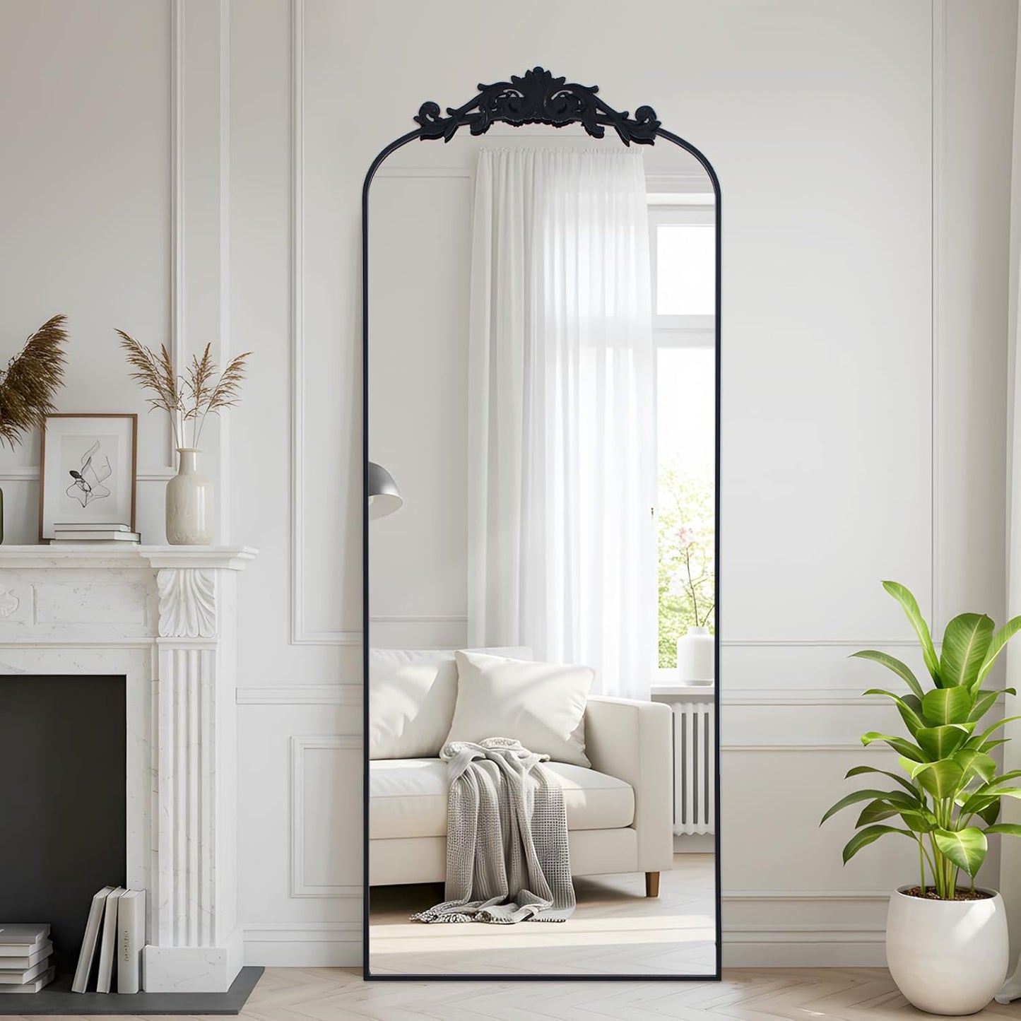 Filigree Floor Mirror 64"x21" Full Length Mirror Freestanding with Vintage Ornate Carved Applique Full Body Hanging Wall Mounted Mirror for Living Room Bedroom Retro Home Decor, Black