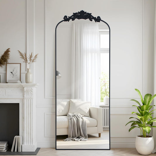 Filigree Floor Mirror 64"x21" Full Length Mirror Freestanding with Vintage Ornate Carved Applique Full Body Hanging Wall Mounted Mirror for Living Room Bedroom Retro Home Decor, Black
