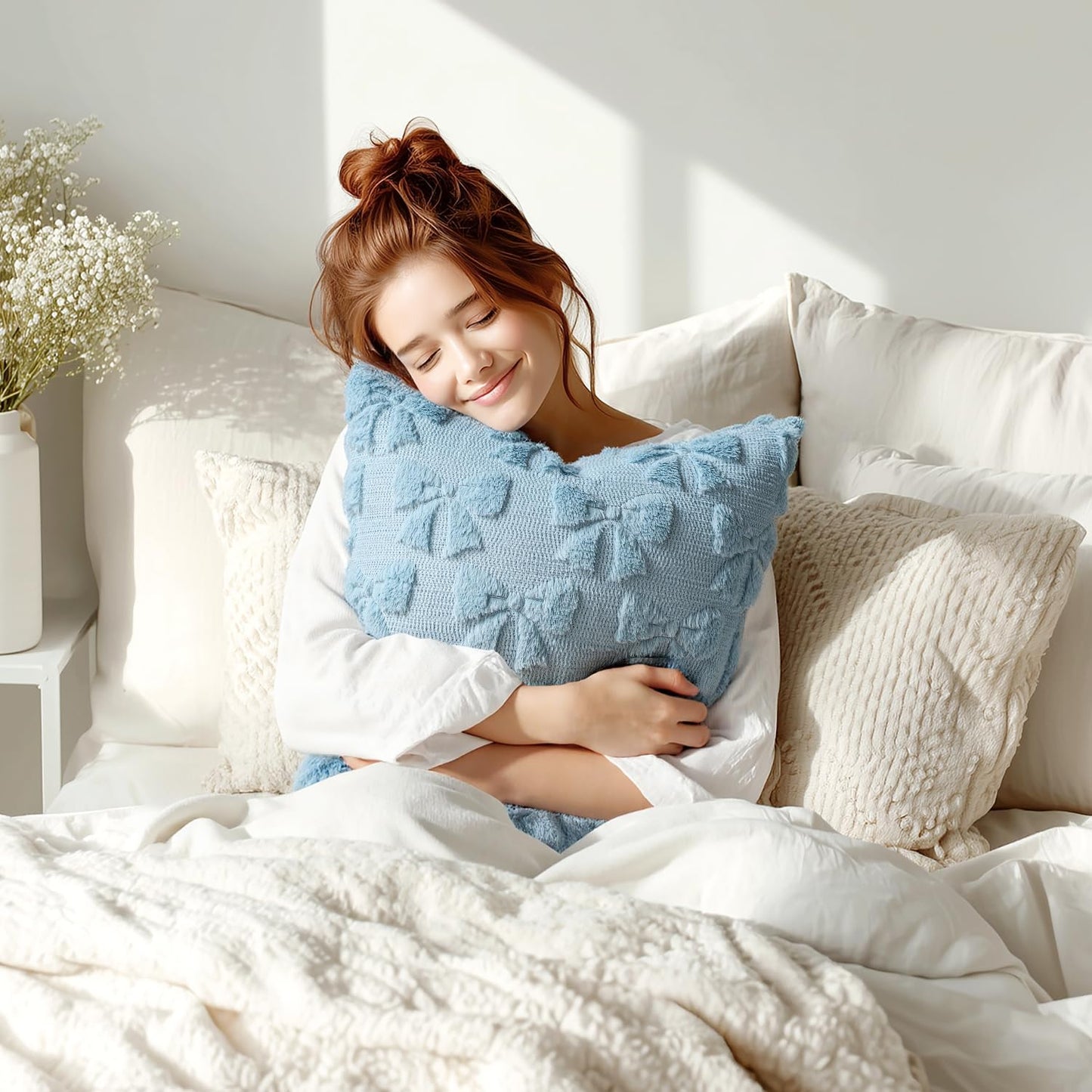 MIULEE Blue Bow Pillow Covers Coquette Room Decor Aesthetic Set of 2 Decorative Cute Girl Throw Pillow Soft Plush Faux Pillowcase for Girl Bed Couch Sofa,18x18 Inch