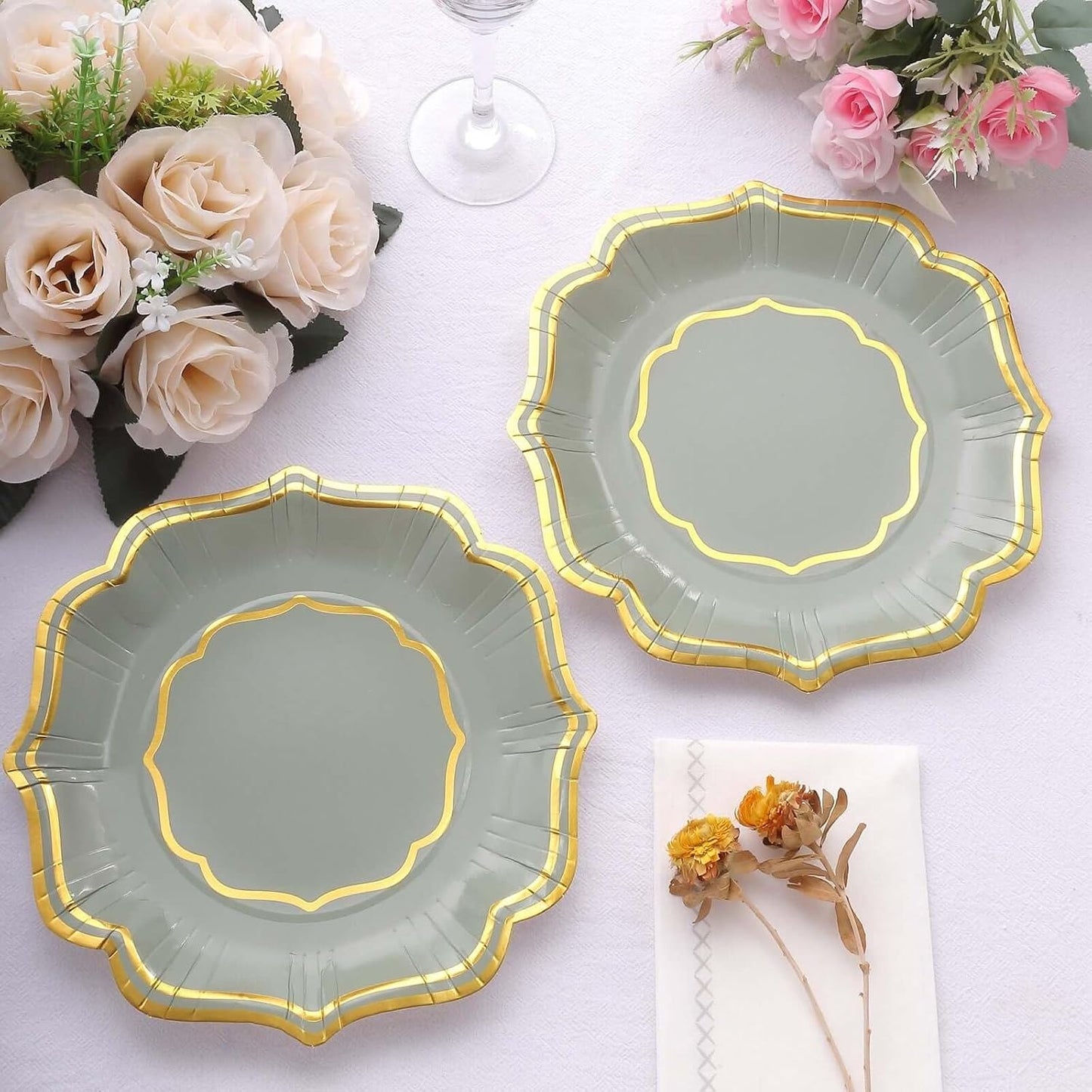 Efavormart 25 Pack Sage Green Appetizer Dessert Paper Plates With Scalloped Gold Rim, 8" Disposable Salad Plates - 300 GSM