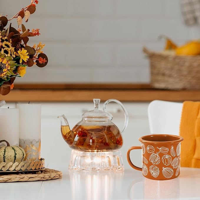 Whaline 2Pcs Fall Mini Coffee Mugs 12oz Hello Pumpkin Enamel Cup with Handle Orange Autumn Pumpkin Drinking Mug for Birthday Party Favor Supplies