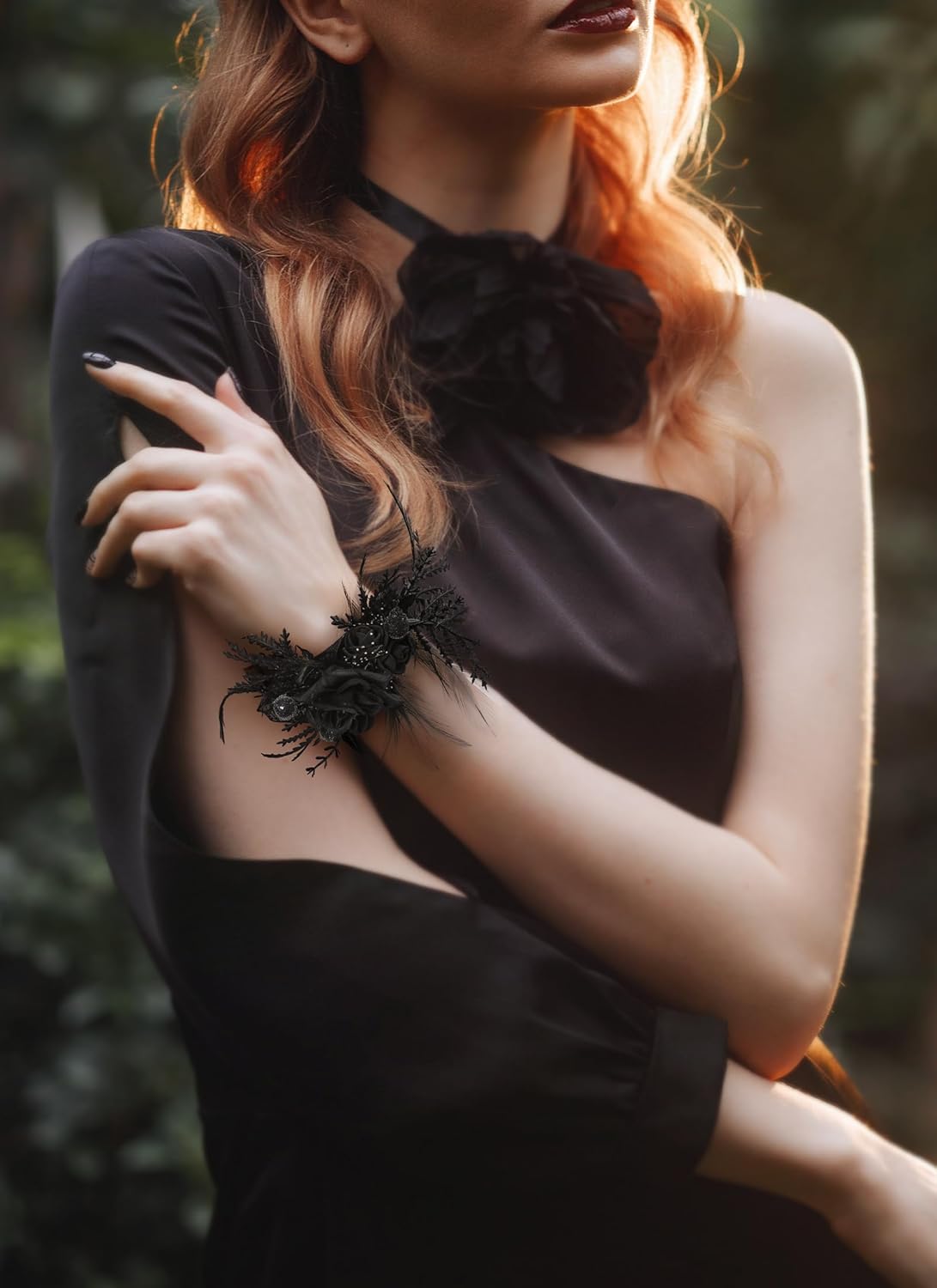 Corsage and Boutonniere Set - Black Wristlet for Men Prom Dark Wrist Corsage for Goth Wedding Ceremony