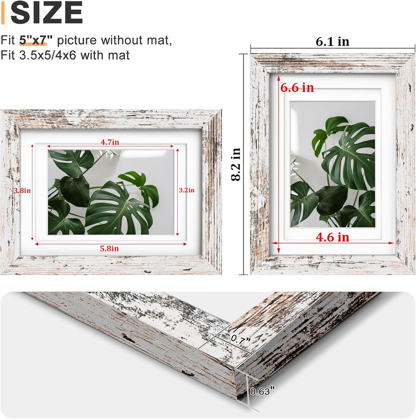 Egofine 5x7 Picture Frames Set of 4, Made of Solid Wood Covered by Plexiglass 3.5x5 and 4x6 with Mat or 5x7 without Mat, for Table Top Display and Wall Mounting Photo Frame Rustic White
