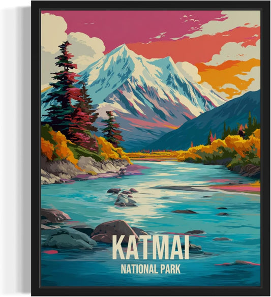 Katmai National Park Art Print Poster, Vintage Retro Pop Art Travel Wall Art Bedroom Bathroom Living Room Decor 185 (Katmai, 24 x 36 inches, Black Frame)