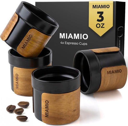 MIAMIO – Espresso Cups Set of 4 (3.5 oz) Japanese Tea Cups Ceramic/Handleless Mug with removable Wooden Cuff/Coffee Cups without Handle (Black)