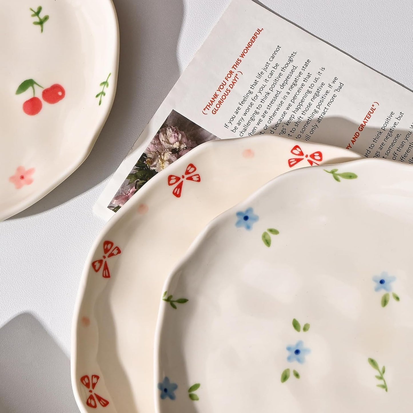 Koythin Ceramic Dessert Plates, Cute Fruits Dinner Plate, Creative Plates Design, Printed Flowers Dinnerware for Office and Home, Kitchen Plates for Desserts (Dot Blue Flower)