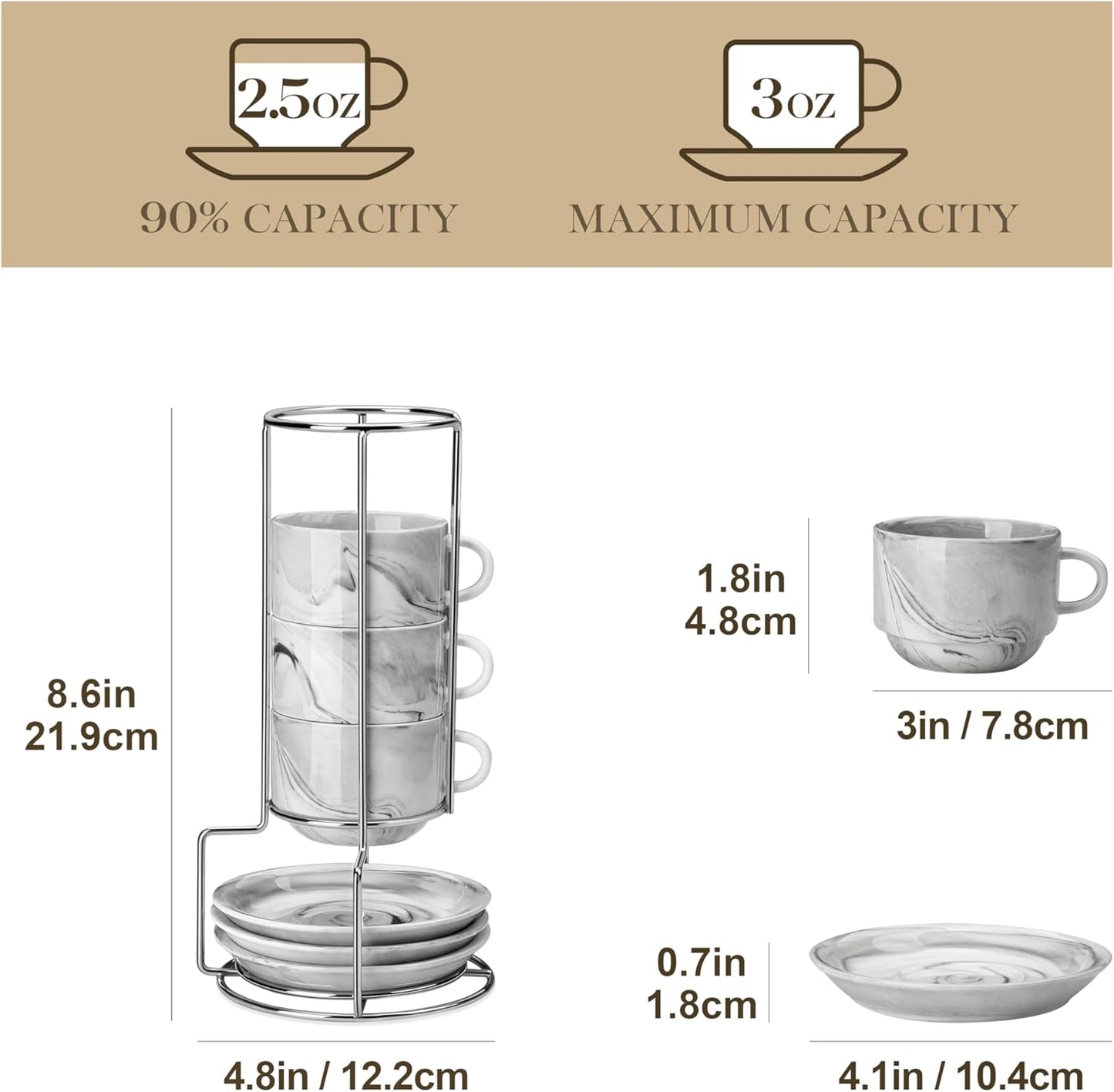 MALACASA 2.5 OZ Porcelain Espresso Cups with Saucers and Metal Stand Set of 4, Stackable Cappuccino Cups, Marble Gray Expresso Shots Cup Set for Coffee Drinks, Latte, Tea