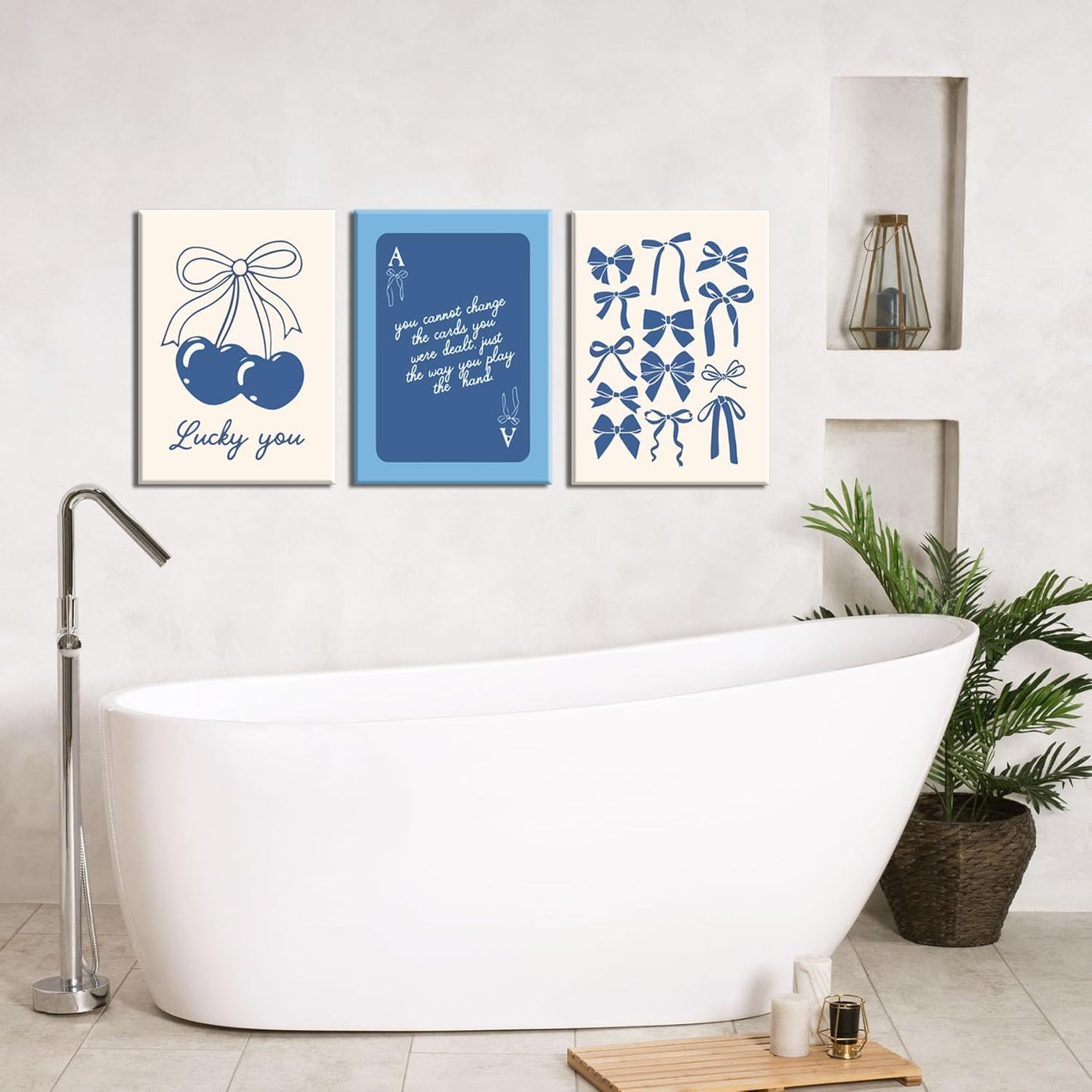 Julaydi Blue Preppy Wall Art Framed Set of 3 Trendy Navy Bow Posters Cherry Lucky You Poker Canvas Prints Minimalist Painting Picture Girly College Apartment Decor for Living Room Bedroom Dorm 16x24in