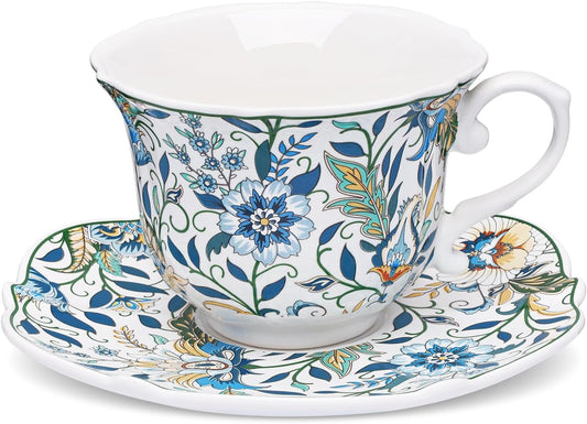 fanquare Vibrant Floral Porcelain Cup and Saucer Set, 8 oz Elegant Vintage Style Coffee Cup for Women and Tea Parties, Dishwasher Safe