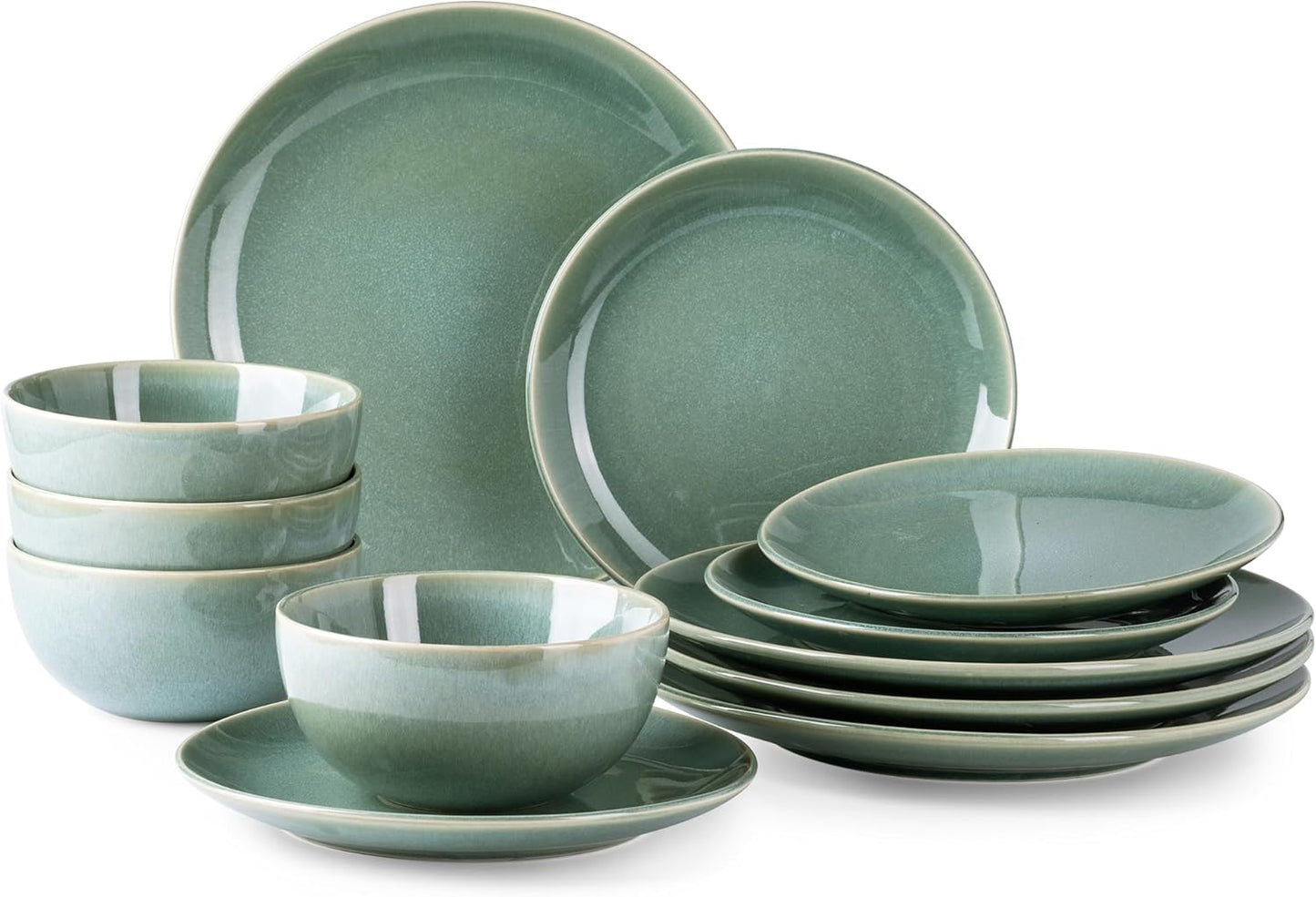 GBHOME Ceramic Dinnerware Sets for 4, 12 Pieces Stoneware Plates and Bowls Sets, Reactive Glaze Dishes -Scratch Resistant, Dishwasher&Microwave Safe-Malachite Green