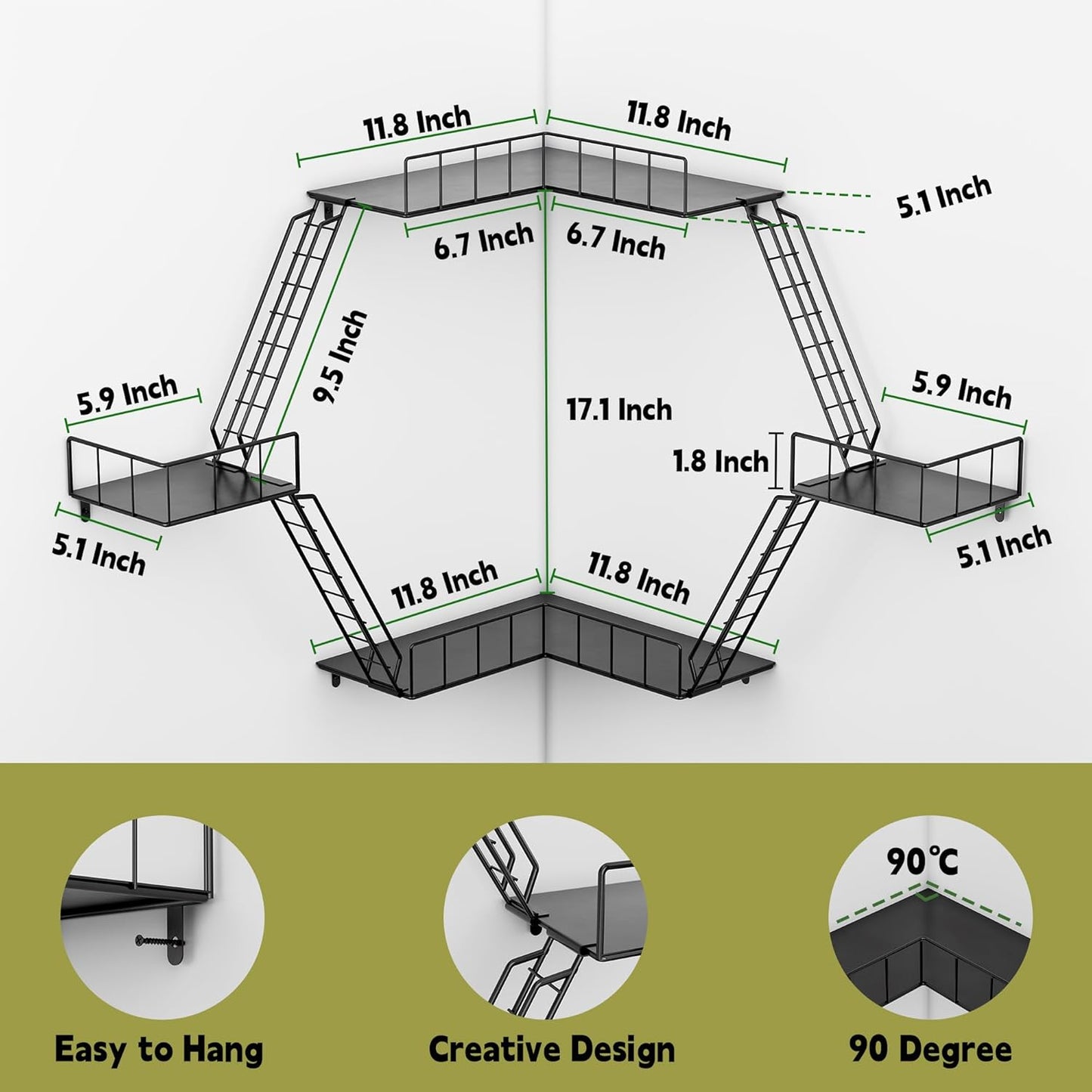 Fire Escape Wall Shelf - New York Fire Escape Shelf, Knick Knack Shelf for Figures, 3-Tier Corner Floating Shelves, Metal Decorative Display Shelves, Black Wall Shelves for Bedroom&Home Decor
