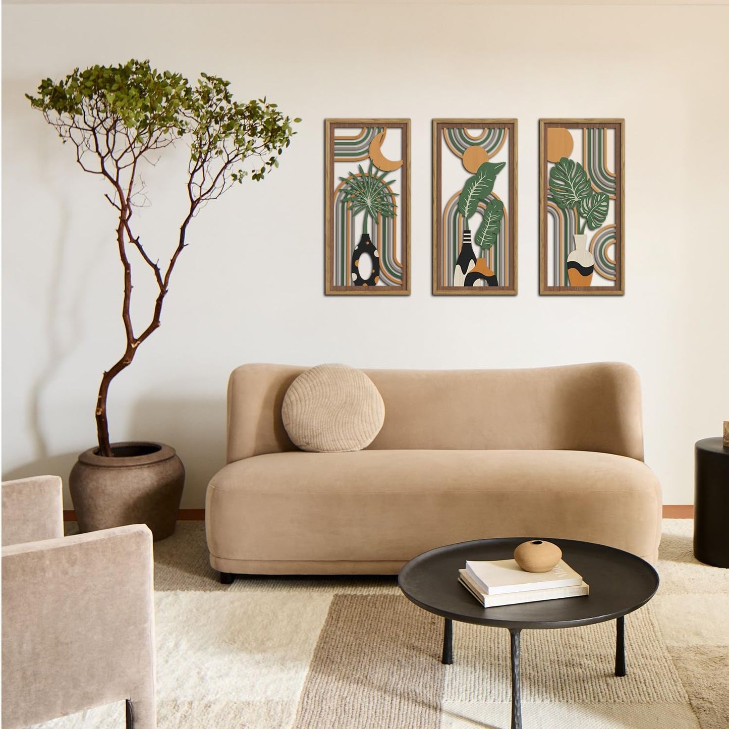 KAIRNE Boho Wooden Wall Art,Bohemian Wood Wall Decor Set of 3(16”X8”),Farmhouse Geometric Hanging Decor,Abstract Minimalist Sun Moon Artwork for Living Room Bedroom Nursery Office Decoration,Framed