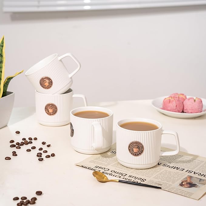 Topadorn Ceramic Coffee Mug 13 Oz Embossment Cups for Latte, Hot Tea, Cappuccino, Mocha, Cocoa, Office Coffee Mug with Gift Box, Set of 4