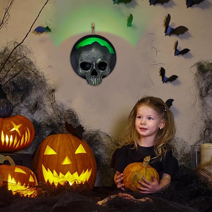 WONDER GARDEN 7.68 inch Halloween Skull Hanging Wall Decorations Light up Resin Green Gothic Skeleton Halloween Creepy Sculptures for Indoor Outdoor Office Horror Home Wall Decor