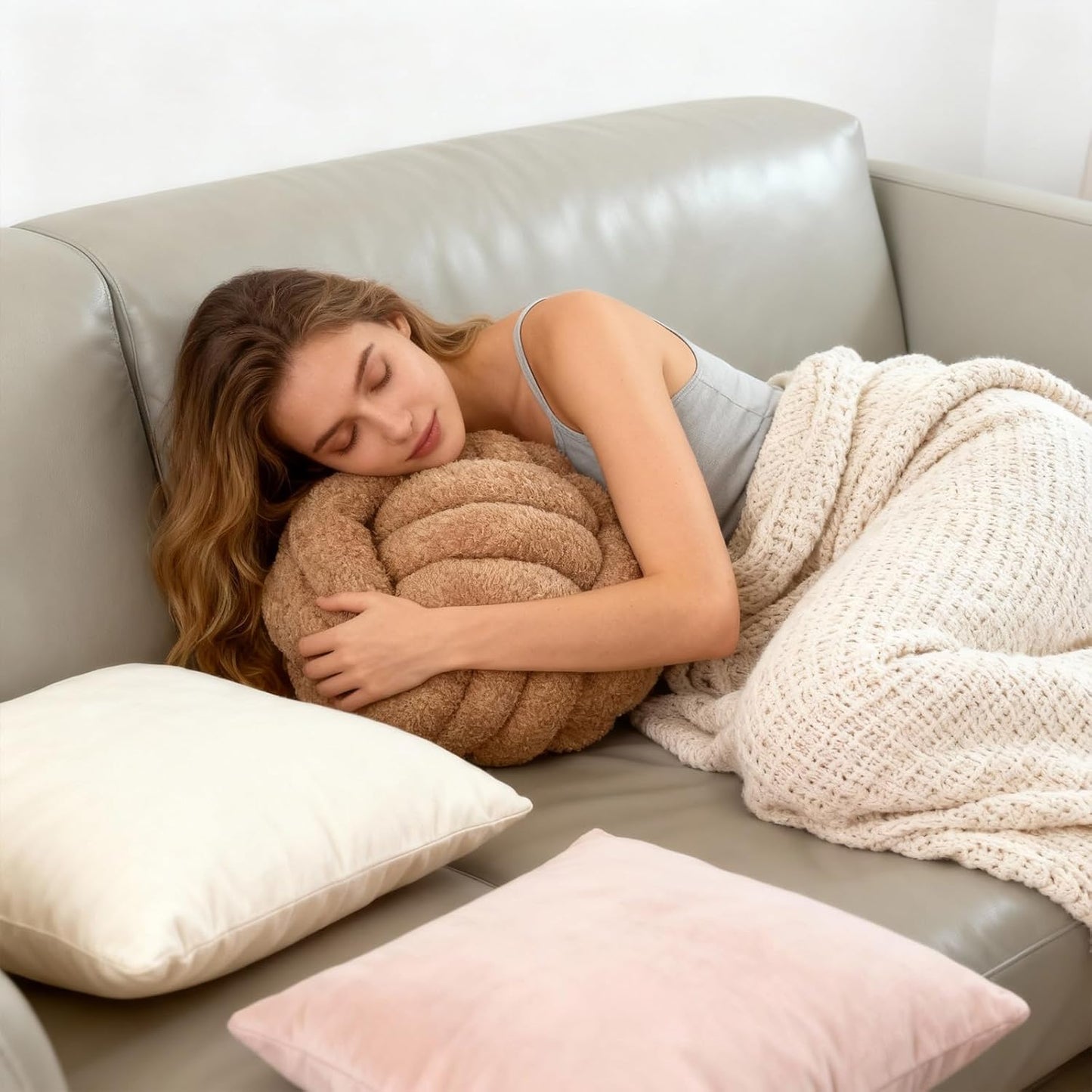 Knot Pillow Ball Plush - Decorative Throw Pillows for Bed Relieve Stress, Round Knot Cushion for Sofa Decor Pet Toy, Khaki 12 inch