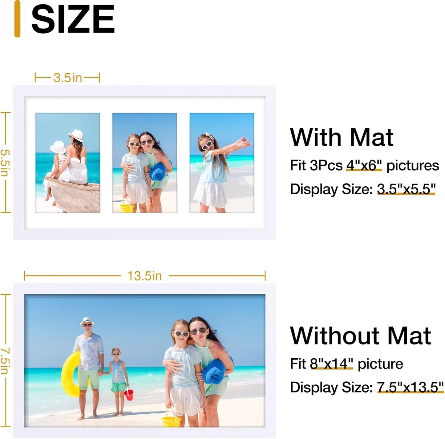 decorUhome 8x14 Picture Frames Collage Wall Decor, Display 3Pcs 4x6 Photos with Mat or 1Pcs 8x14 Unmatted, 3 4x6 Collage Picture Frames for Wall Mounting, White