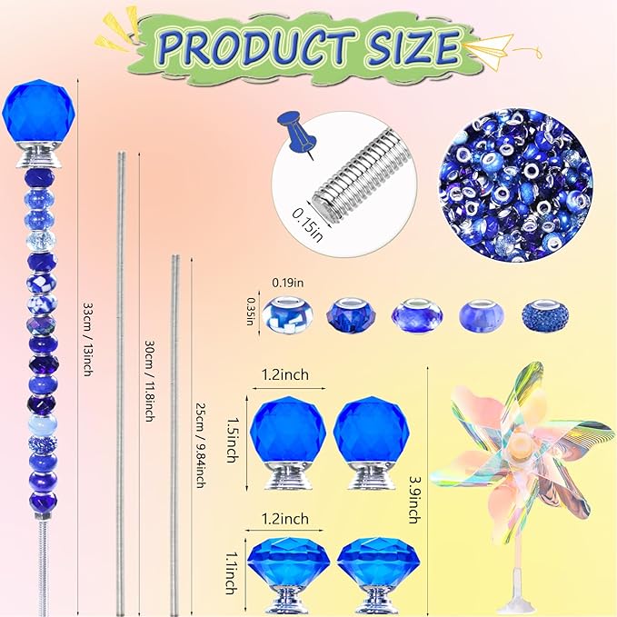 101 PCS Beaded Garden Stakes Kit, DIY Fairy Wand Garden Stake Beads Kits with Dark Blue Large Hole Beads 4 Crystal Stopper Top Threaded Rods and 2 Colored Small Windmills for Outdoor Indoor Decor