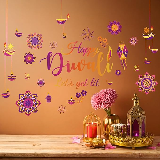 HLNIUC Happy Diwali Wall Stickers Peel and Stick(35”x12”) Let’s Get It Diwali Window Clings Double Sided,Multicolor Indian Festival of Light Wall Decal,Diyas Party Decoration Supplies for Living Room