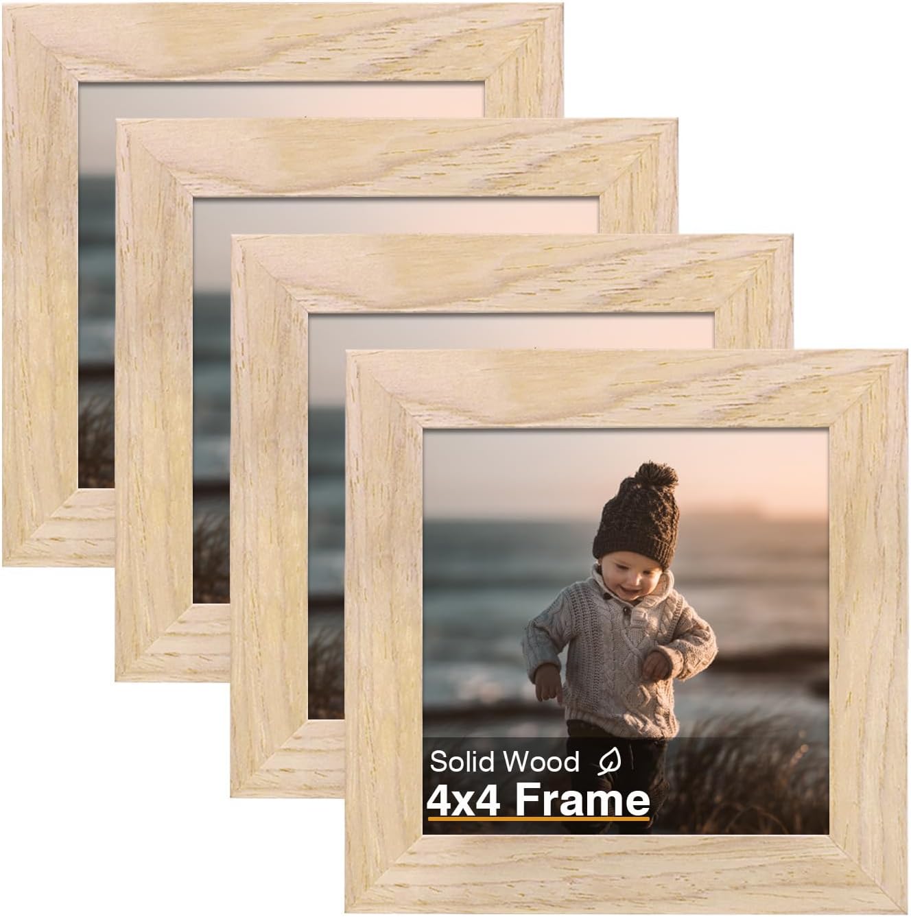 KINLINK 4x4 Picture Frame, Natural Square Solid Wood Frames for Pictures 4x4 without Mat, Wall and Tabletop Display Photo Frames Natural Wood 4 Pack