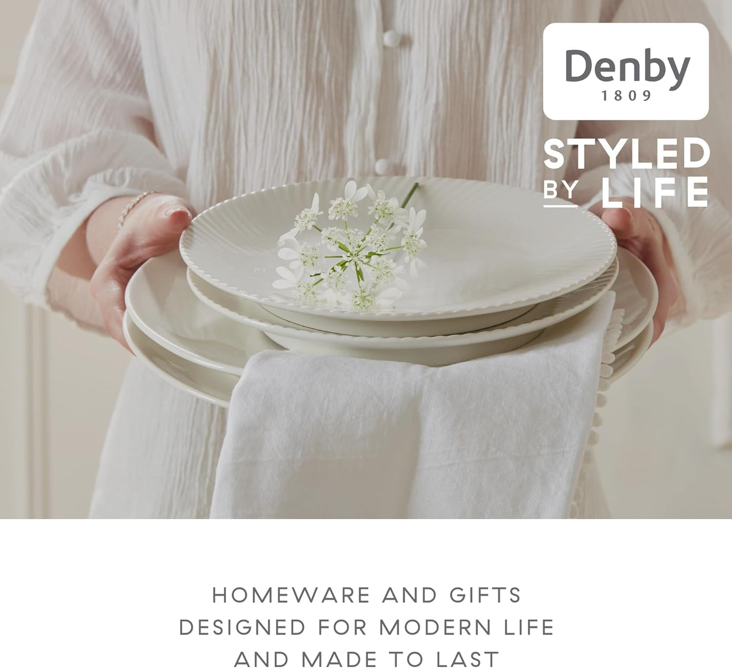 Denby - Arc White Porcelain Dinner Plates Set of 6 - Dishwasher Microwave Safe, 10.8" Large White Plates With Curve Design - Scratch Chip Resistant Tableware