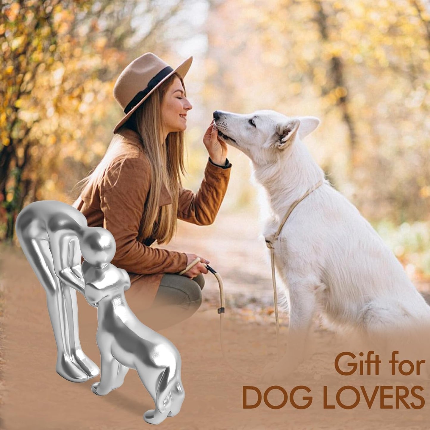 Cute Pet Sculpture Home Decor Man and Dog Statue Decoration for Office、Living Room、Bedroom、Home， Memory Gifts for Dog Lovers (Silver)