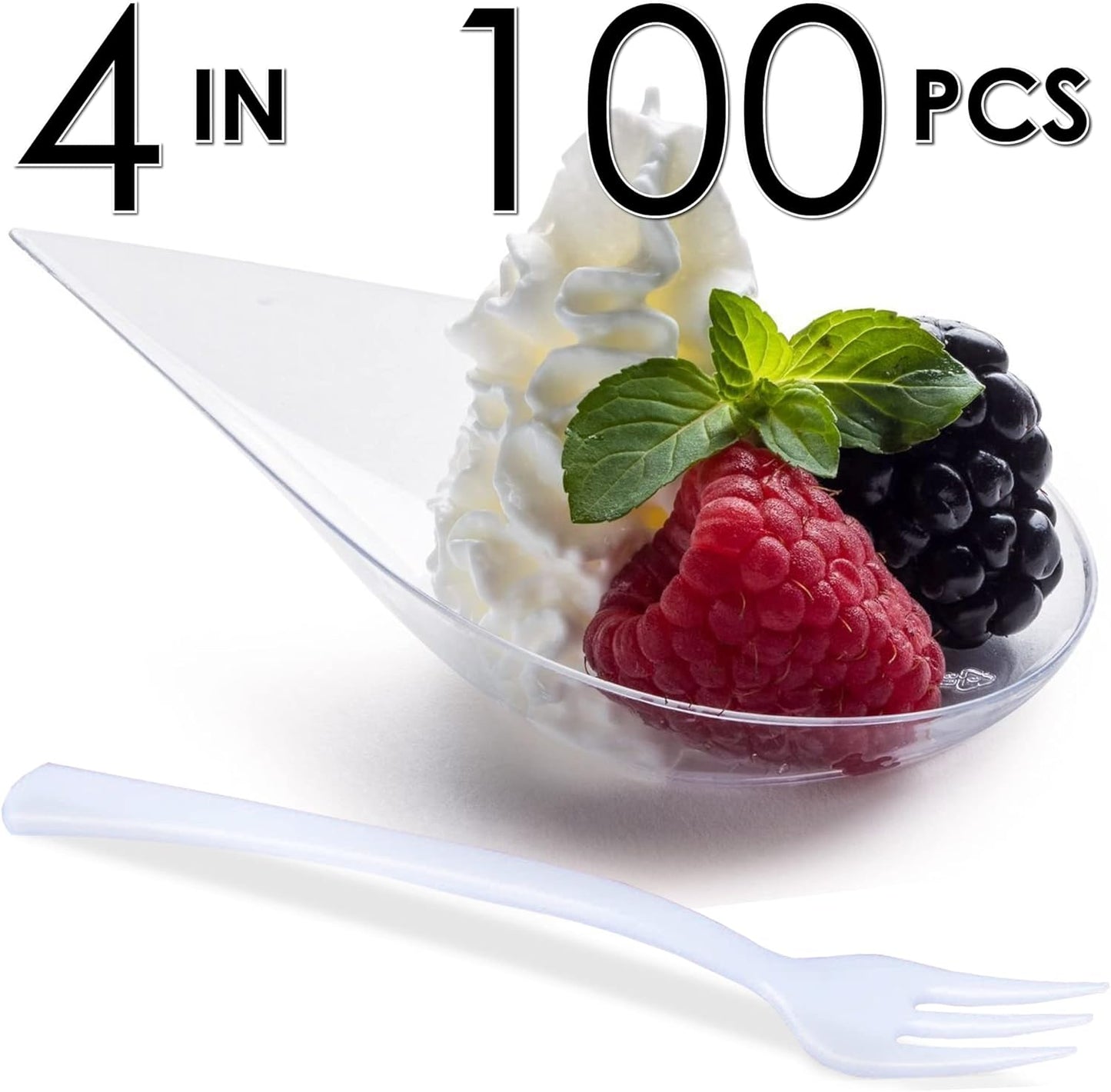 DLux 100 4-in Tear Drop Mini Appetizer Plates with Forks, Reusable Clear Plastic Spoons - Desserts and Appetizers Dishes Serving Plate - Asian Spoon Set, Small Catering Dessert Tasting Cups