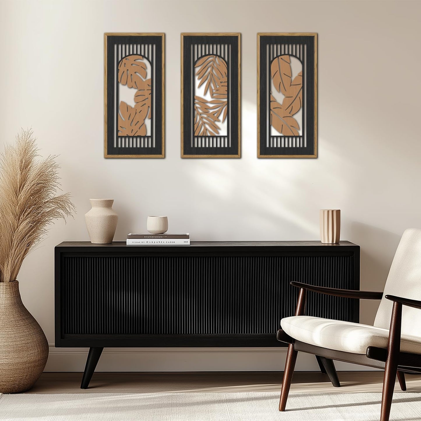 KAIRNE Rustic Tropical Wall Decor, Palm Leaf Wooden Sign for Bathroom, Vintage Leaf Plant Hanging Wood Plaque Rustic Wall Art Nature Picture for Living Room Decoration3 pcs(8x16Inch)