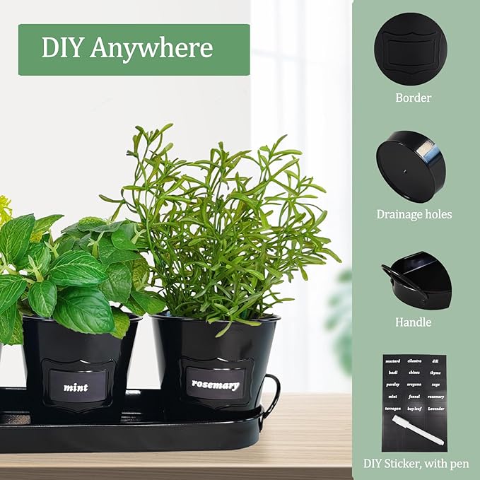 4" Herb Garden Planter Kit, Indoor Herb Planters with Tray, Set of 3 Metal Windowsill Pots for Flower Plants with Drainage Hole, Customizable Labels & Marker Pen, Black