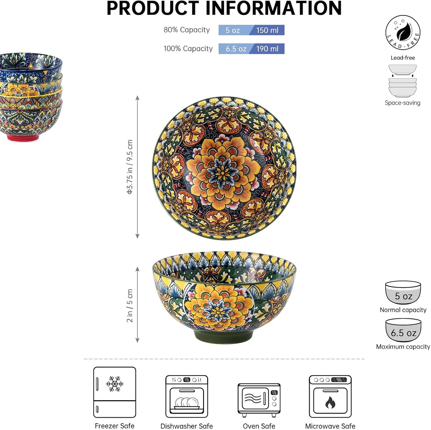 Henten Home 6.5 oz Small Dessert Bowls, Porcelain Boho Snack Bowl Set of 6 - Ceramic Colorful Bowls for Salsa, Dipping, Sauce, Decorative, Microwave & Dishwasher Safe