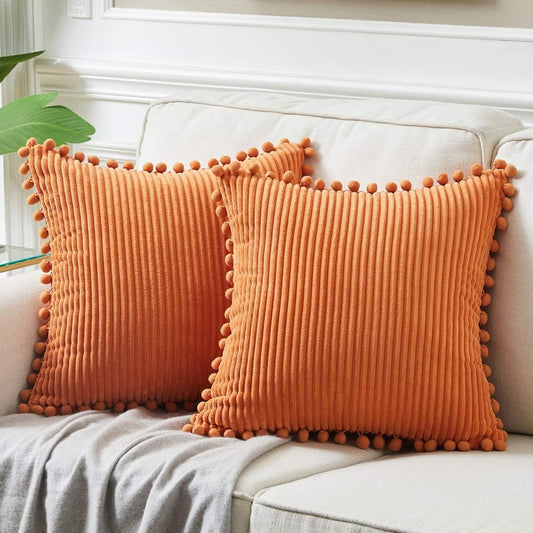 Fancy Homi 2 Packs Brunt Orange Decorative Throw Pillow Covers 24x24 Inch with Pom poms, Fall Home Decor, Soft Corduroy Accent Square Cushion Case for Living Room Couch Bed Sofa 60x60 cm